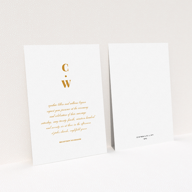 A personalised wedding invitation template titled "Bullet point". It is an A5 invite in a portrait orientation. "Bullet point" is available as a flat invite, with tones of white and orange.