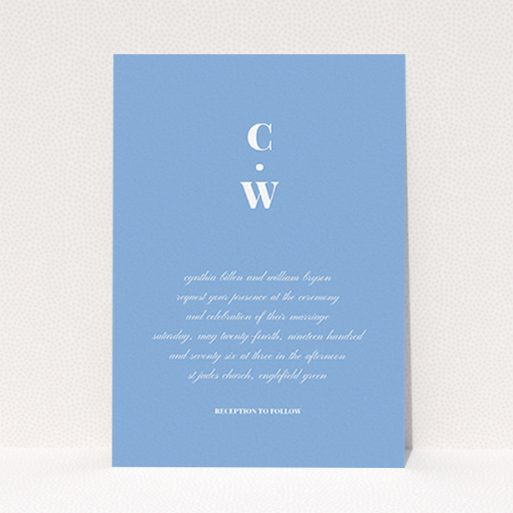 A personalised wedding invitation design named "Bullet point". It is an A6 invite in a portrait orientation. "Bullet point" is available as a flat invite, with tones of blue and white.