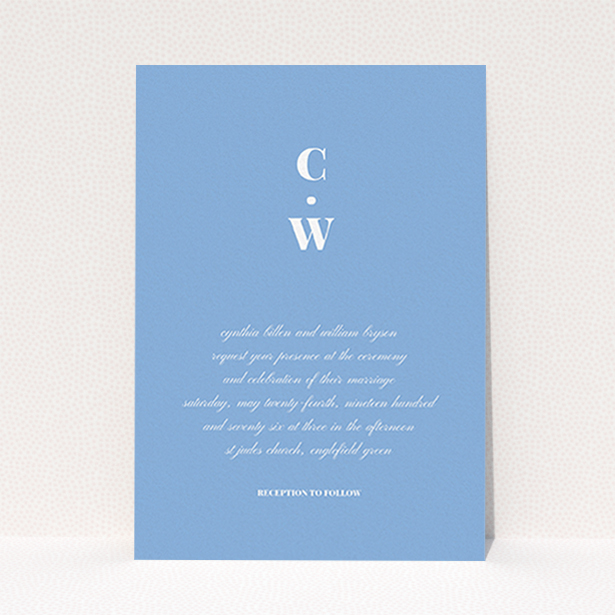 A personalised wedding invitation design named "Bullet point". It is an A6 invite in a portrait orientation. "Bullet point" is available as a flat invite, with tones of blue and white.