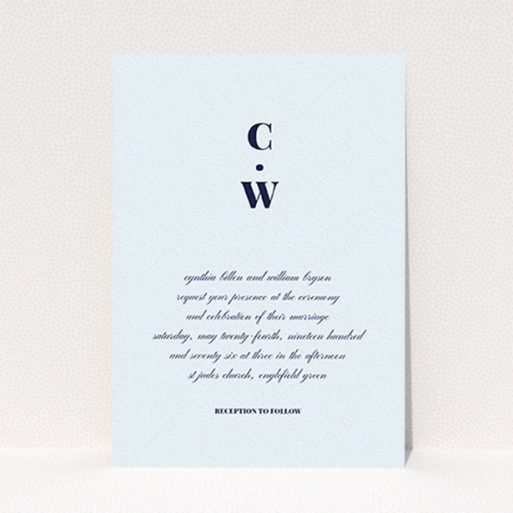 A personalised wedding invitation named "Bullet point". It is an A6 invite in a portrait orientation. "Bullet point" is available as a flat invite, with mainly light blue colouring.