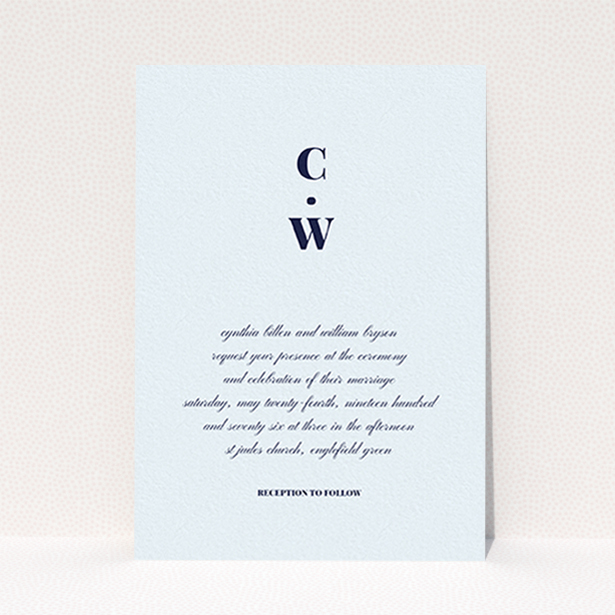 A personalised wedding invitation named "Bullet point". It is an A6 invite in a portrait orientation. "Bullet point" is available as a flat invite, with mainly light blue colouring.