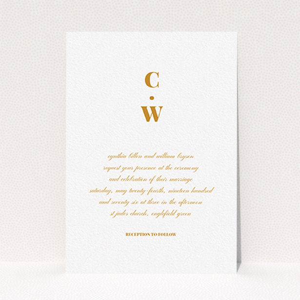A personalised wedding invitation called "Bullet point". It is an A6 invite in a portrait orientation. "Bullet point" is available as a flat invite, with tones of white and orange.