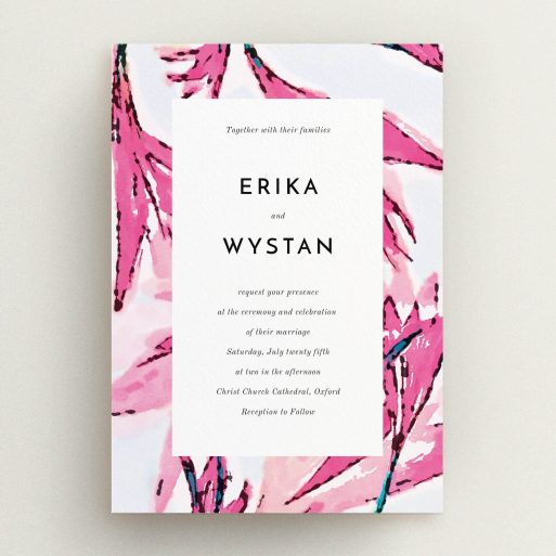 A personalised wedding invitation named "By the river bank". It is an A5 invite in a portrait orientation. "By the river bank" is available as a flat invite, with tones of vibrant pink and green.