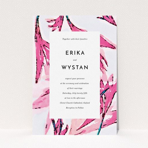 A personalised wedding invitation named "By the river bank". It is an A5 invite in a portrait orientation. "By the river bank" is available as a flat invite, with tones of vibrant pink and green.