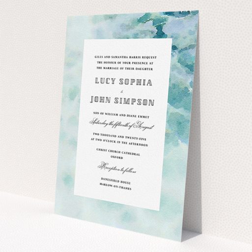 A personalised wedding invitation design named 'Calm Waters'. It is an A5 invite in a portrait orientation. 'Calm Waters' is available as a flat invite, with tones of blue and white.