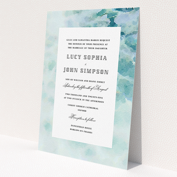 A personalised wedding invitation design named "Calm Waters". It is an A5 invite in a portrait orientation. "Calm Waters" is available as a flat invite, with tones of blue and white.