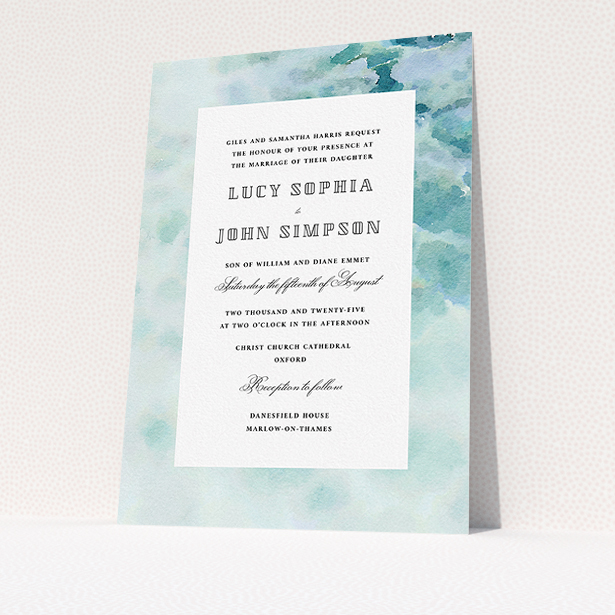 A personalised wedding invitation design named "Calm Waters". It is an A5 invite in a portrait orientation. "Calm Waters" is available as a flat invite, with tones of blue and white.