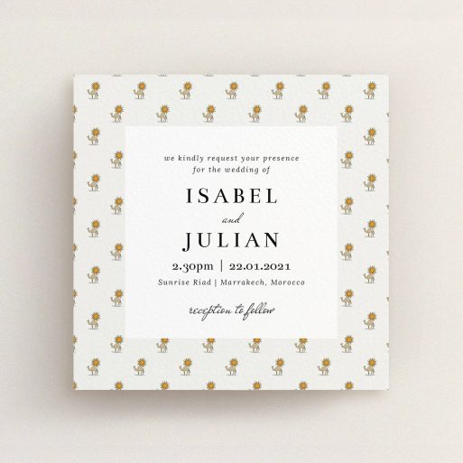 A personalised wedding invitation design named "Camels". It is a square (148mm x 148mm) invite in a square orientation. "Camels" is available as a flat invite, with tones of cream, orange and pale brown.
