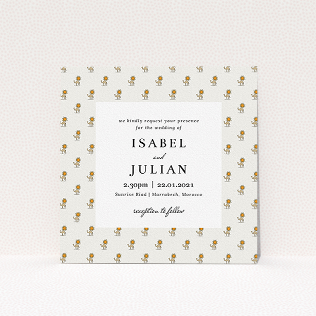 A personalised wedding invitation design named "Camels". It is a square (148mm x 148mm) invite in a square orientation. "Camels" is available as a flat invite, with tones of cream, orange and pale brown.