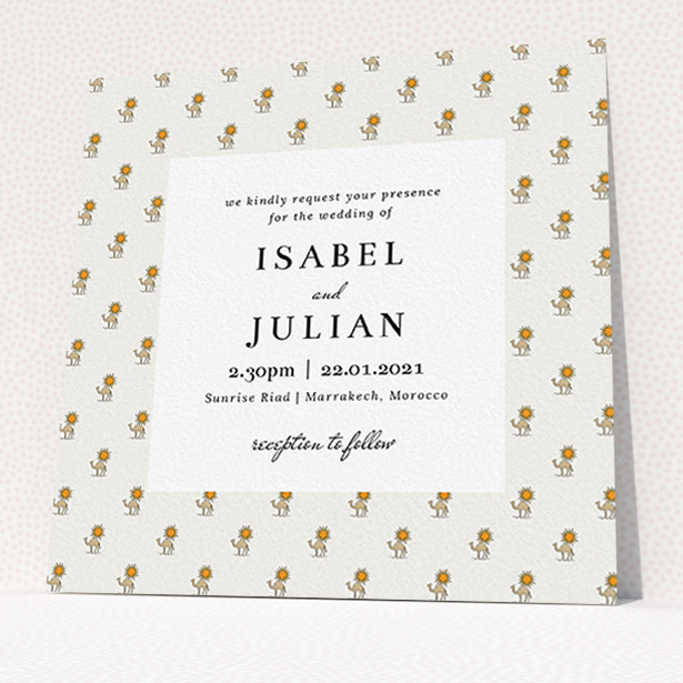A personalised wedding invitation design named "Camels". It is a square (148mm x 148mm) invite in a square orientation. "Camels" is available as a flat invite, with tones of cream, orange and pale brown.