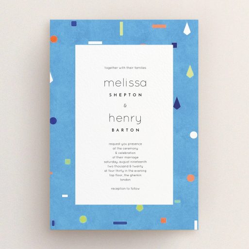 A personalised wedding invitation design called "Capri". It is an A5 invite in a portrait orientation. "Capri" is available as a flat invite, with tones of light blue and orange.