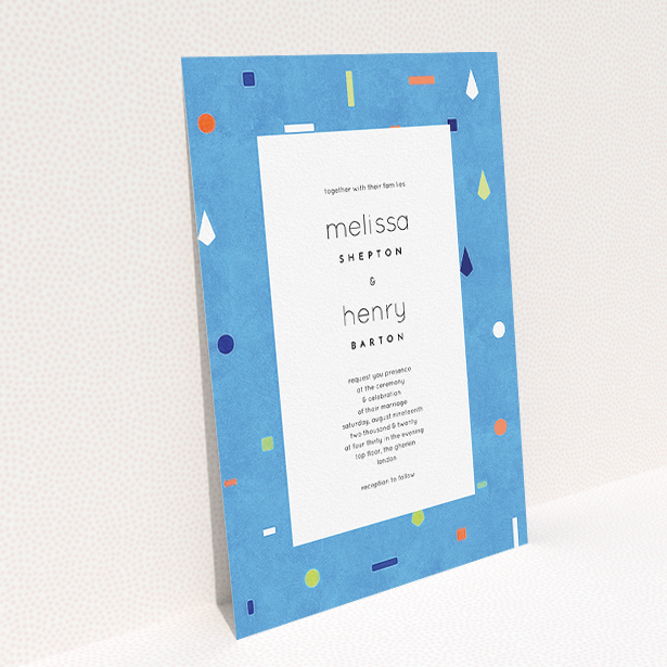 A personalised wedding invitation design called "Capri". It is an A5 invite in a portrait orientation. "Capri" is available as a flat invite, with tones of light blue and orange.