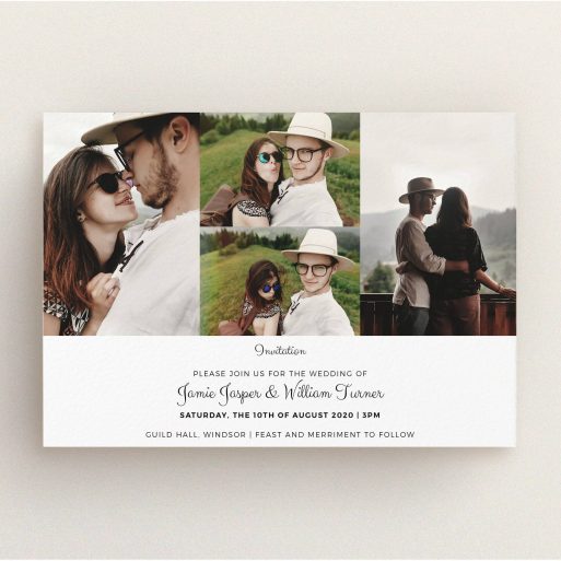 A personalised wedding invitation design titled "Cheek by Jowl". It is an A5 invite in a landscape orientation. It is a photographic personalised wedding invitation with room for 4 photos. "Cheek by Jowl" is available as a flat invite, with mainly white colouring.