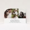 A personalised wedding invitation design titled "Cheek by Jowl". It is an A5 invite in a landscape orientation. It is a photographic personalised wedding invitation with room for 4 photos. "Cheek by Jowl" is available as a flat invite, with mainly white colouring.
