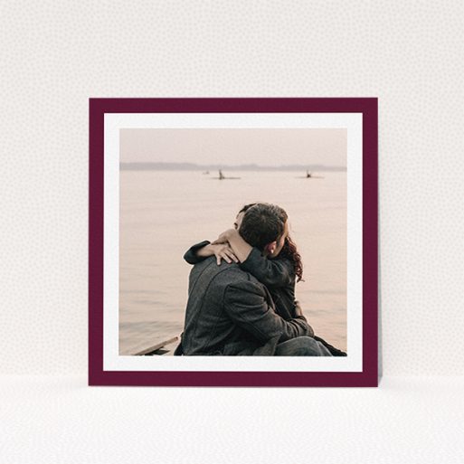 A personalised wedding invitation design called "Classic Burgundy Photo Frame". It is a square (148mm x 148mm) invite in a square orientation. It is a photographic personalised wedding invitation with room for 1 photo. "Classic Burgundy Photo Frame" is available as a flat invite, with tones of burgundy and white.