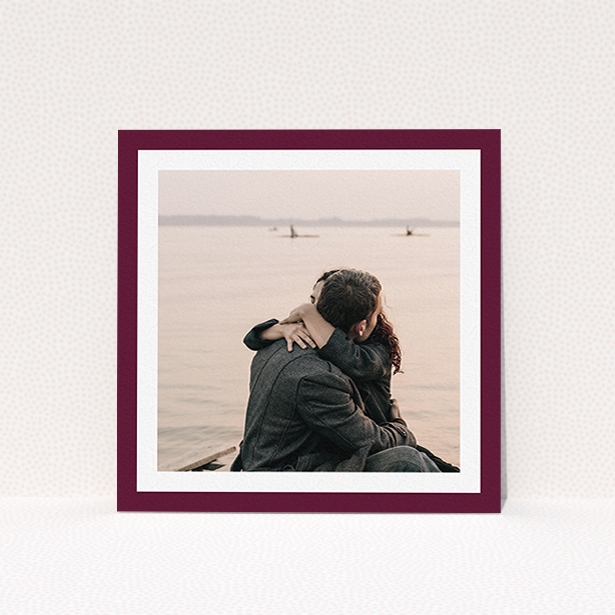 A personalised wedding invitation design called "Classic Burgundy Photo Frame". It is a square (148mm x 148mm) invite in a square orientation. It is a photographic personalised wedding invitation with room for 1 photo. "Classic Burgundy Photo Frame" is available as a flat invite, with tones of burgundy and white.