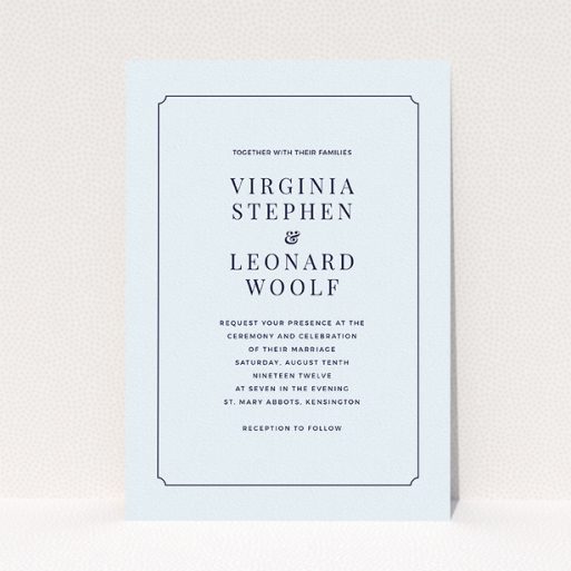 A personalised wedding invitation template titled "Classic face". It is an A5 invite in a portrait orientation. "Classic face" is available as a flat invite, with mainly light blue colouring.