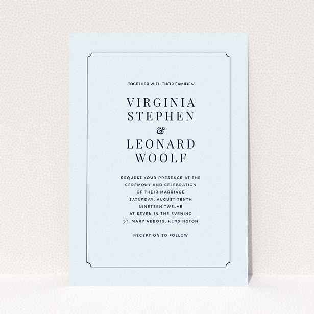 A personalised wedding invitation template titled "Classic face". It is an A5 invite in a portrait orientation. "Classic face" is available as a flat invite, with mainly light blue colouring.