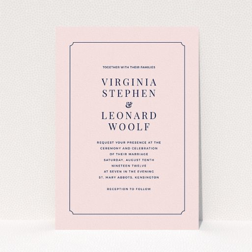 A personalised wedding invitation design titled "Classic face". It is an A5 invite in a portrait orientation. "Classic face" is available as a flat invite, with mainly pink colouring.