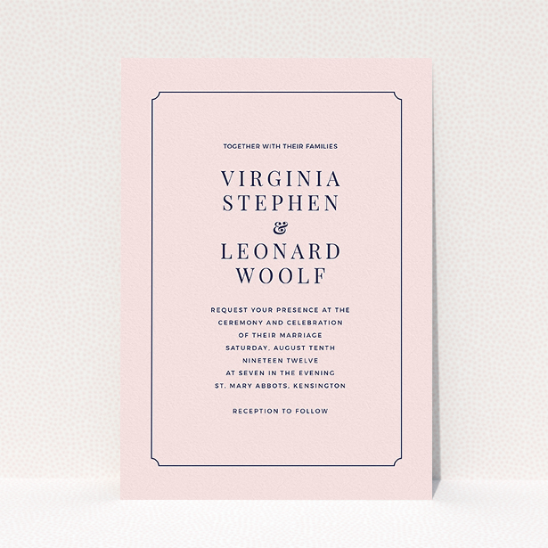 A personalised wedding invitation design titled "Classic face". It is an A5 invite in a portrait orientation. "Classic face" is available as a flat invite, with mainly pink colouring.