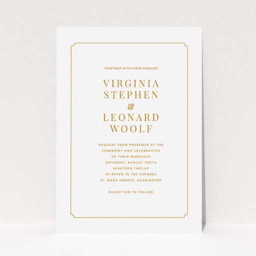A personalised wedding invitation template titled "Classic face". It is an A5 invite in a portrait orientation. "Classic face" is available as a flat invite, with tones of white and orange.
