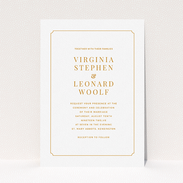 A personalised wedding invitation template titled "Classic face". It is an A5 invite in a portrait orientation. "Classic face" is available as a flat invite, with tones of white and orange.