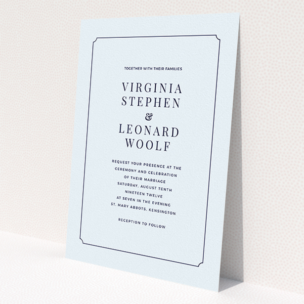 A personalised wedding invitation template titled "Classic face". It is an A5 invite in a portrait orientation. "Classic face" is available as a flat invite, with mainly light blue colouring.