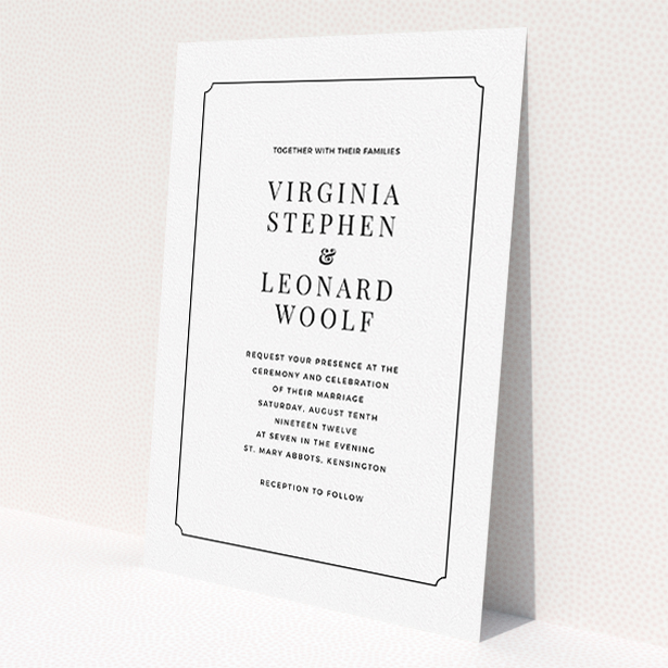 A personalised wedding invitation design named "Classic face". It is an A5 invite in a portrait orientation. "Classic face" is available as a flat invite, with mainly white colouring.