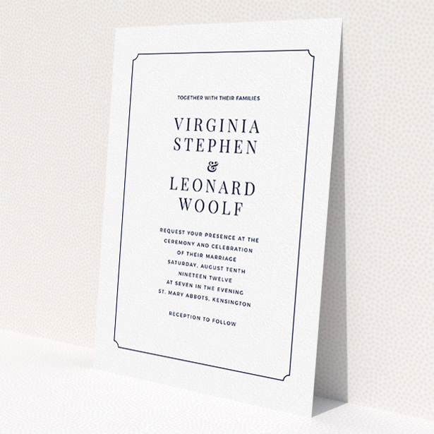 A personalised wedding invitation called "Classic face". It is an A5 invite in a portrait orientation. "Classic face" is available as a flat invite, with mainly white colouring.