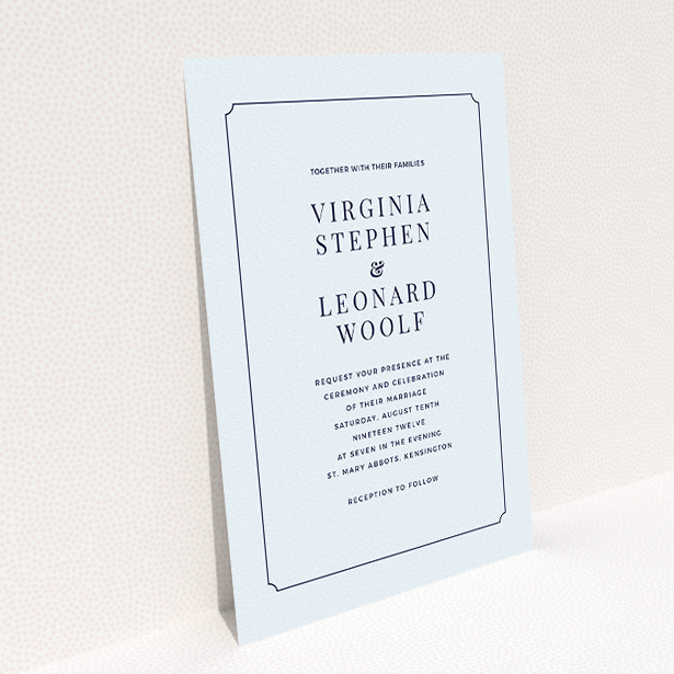 A personalised wedding invitation template titled "Classic face". It is an A5 invite in a portrait orientation. "Classic face" is available as a flat invite, with mainly light blue colouring.