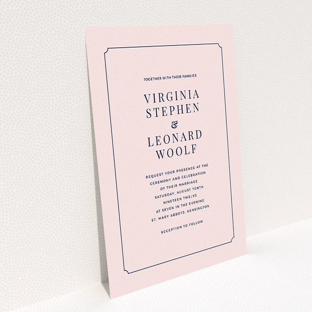 A personalised wedding invitation design titled "Classic face". It is an A5 invite in a portrait orientation. "Classic face" is available as a flat invite, with mainly pink colouring.
