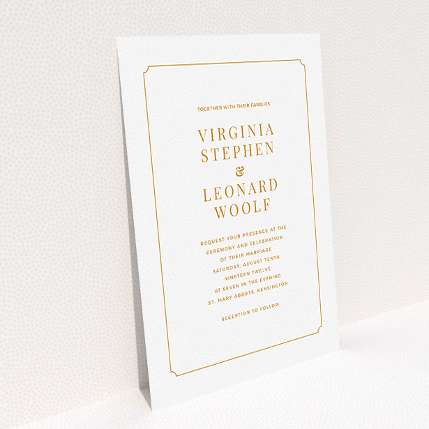 A personalised wedding invitation template titled "Classic face". It is an A5 invite in a portrait orientation. "Classic face" is available as a flat invite, with tones of white and orange.