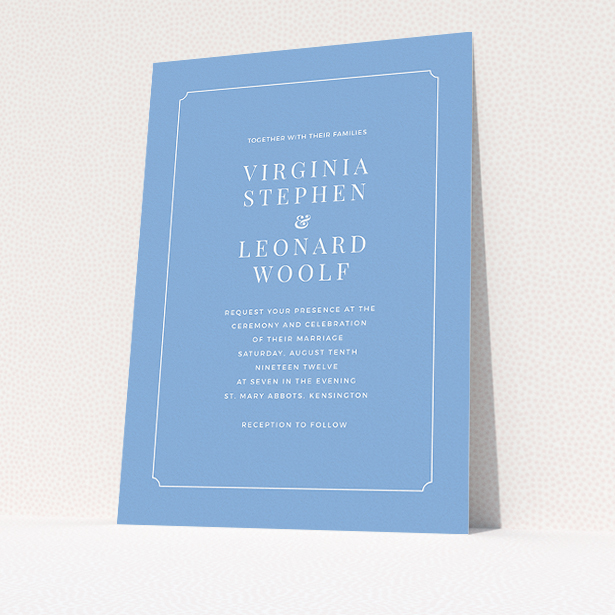 A personalised wedding invitation design called "Classic face". It is an A5 invite in a portrait orientation. "Classic face" is available as a flat invite, with tones of blue and white.