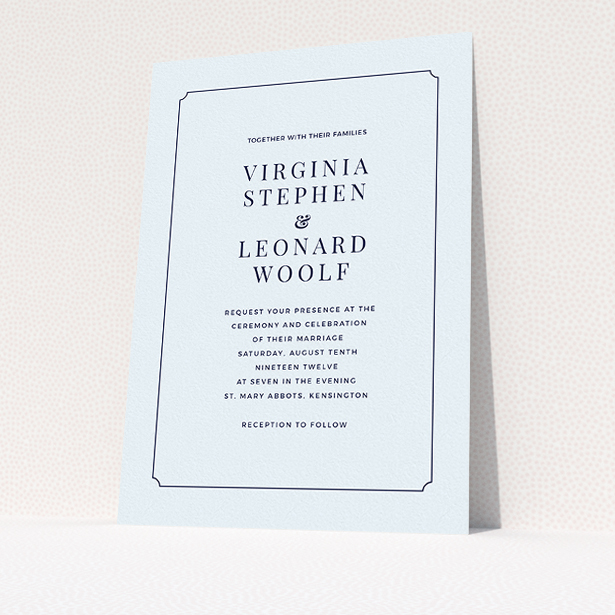 A personalised wedding invitation template titled "Classic face". It is an A5 invite in a portrait orientation. "Classic face" is available as a flat invite, with mainly light blue colouring.