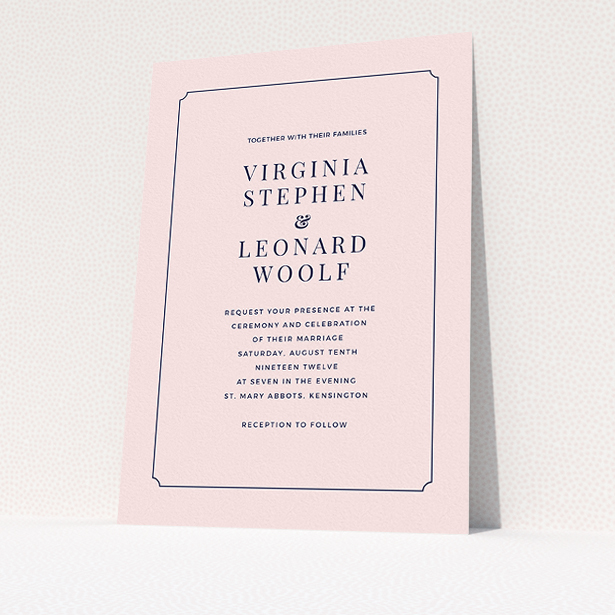 A personalised wedding invitation design titled "Classic face". It is an A5 invite in a portrait orientation. "Classic face" is available as a flat invite, with mainly pink colouring.