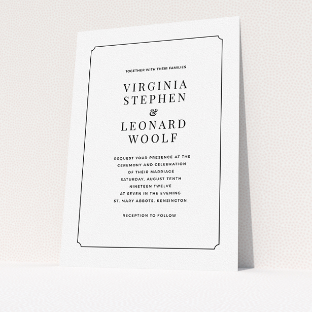 A personalised wedding invitation design named "Classic face". It is an A5 invite in a portrait orientation. "Classic face" is available as a flat invite, with mainly white colouring.