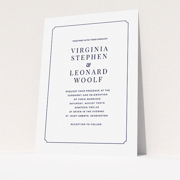 A personalised wedding invitation called "Classic face". It is an A5 invite in a portrait orientation. "Classic face" is available as a flat invite, with mainly white colouring.