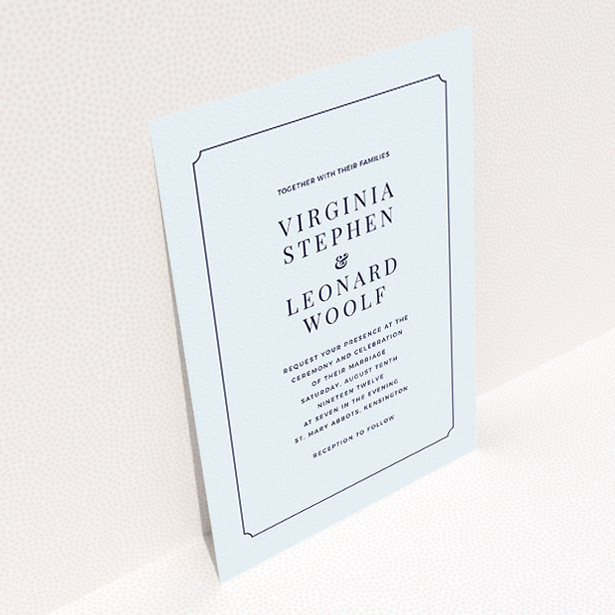 A personalised wedding invitation template titled "Classic face". It is an A5 invite in a portrait orientation. "Classic face" is available as a flat invite, with mainly light blue colouring.