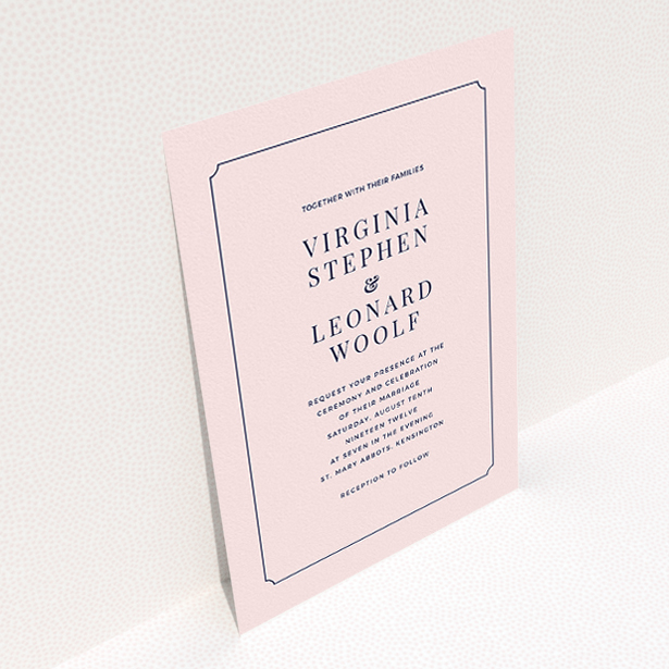 A personalised wedding invitation design titled "Classic face". It is an A5 invite in a portrait orientation. "Classic face" is available as a flat invite, with mainly pink colouring.