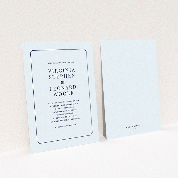 A personalised wedding invitation template titled "Classic face". It is an A5 invite in a portrait orientation. "Classic face" is available as a flat invite, with mainly light blue colouring.