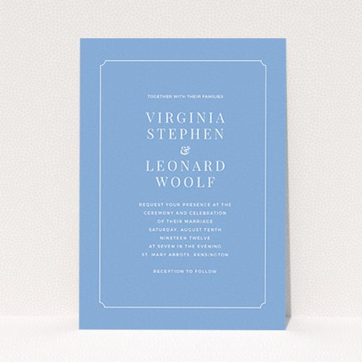 A personalised wedding invitation design named "Classic face". It is an A6 invite in a portrait orientation. "Classic face" is available as a flat invite, with tones of blue and white.