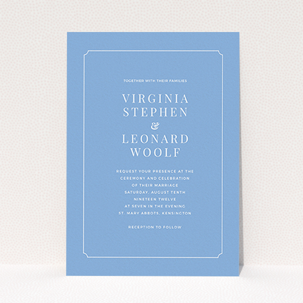 A personalised wedding invitation design named "Classic face". It is an A6 invite in a portrait orientation. "Classic face" is available as a flat invite, with tones of blue and white.