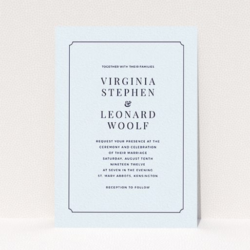 A personalised wedding invitation called "Classic face". It is an A6 invite in a portrait orientation. "Classic face" is available as a flat invite, with mainly light blue colouring.