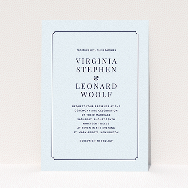 A personalised wedding invitation called "Classic face". It is an A6 invite in a portrait orientation. "Classic face" is available as a flat invite, with mainly light blue colouring.