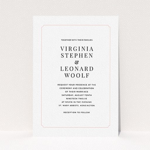 A personalised wedding invitation design named "Classic face". It is an A6 invite in a portrait orientation. "Classic face" is available as a flat invite, with tones of white and pink.