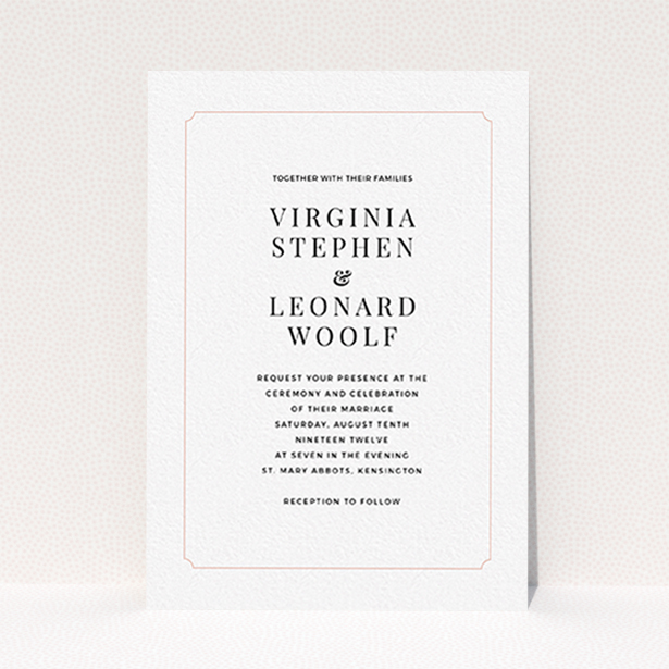 A personalised wedding invitation design named "Classic face". It is an A6 invite in a portrait orientation. "Classic face" is available as a flat invite, with tones of white and pink.