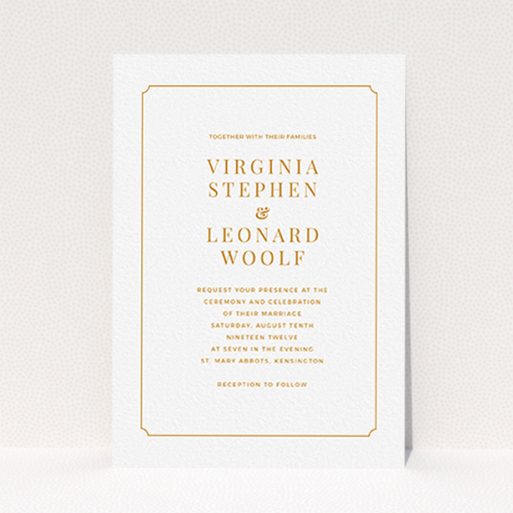 A personalised wedding invitation called "Classic face". It is an A6 invite in a portrait orientation. "Classic face" is available as a flat invite, with tones of white and orange.