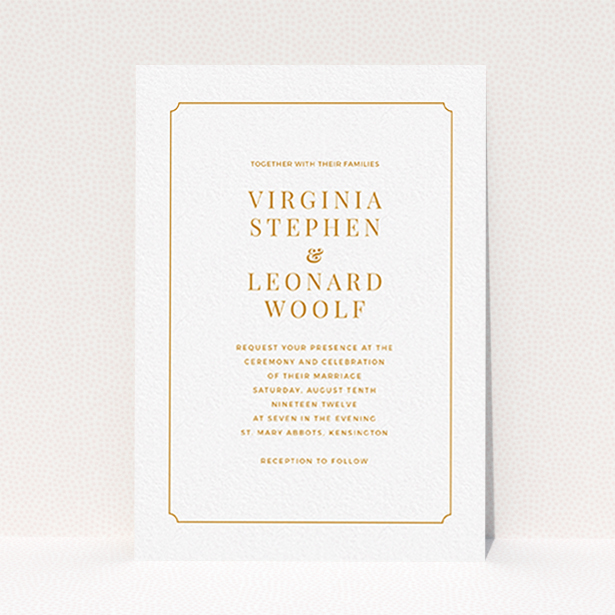 A personalised wedding invitation called "Classic face". It is an A6 invite in a portrait orientation. "Classic face" is available as a flat invite, with tones of white and orange.
