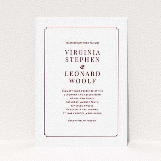 A personalised wedding invitation design titled "Classic face". It is an A6 invite in a portrait orientation. "Classic face" is available as a flat invite, with tones of white and burgundy.