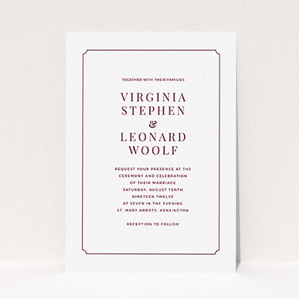 A personalised wedding invitation design titled "Classic face". It is an A6 invite in a portrait orientation. "Classic face" is available as a flat invite, with tones of white and burgundy.
